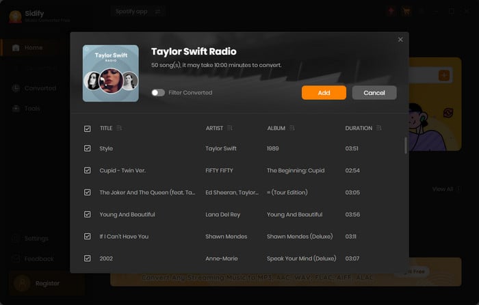 add spotify songs to sidify