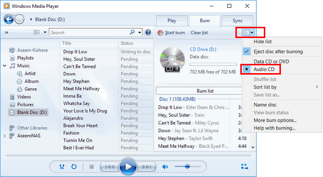use wmp to burn amazon music to cd