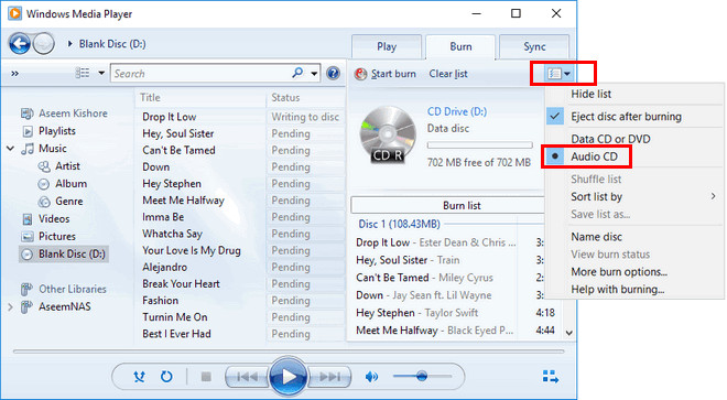 windows media player burn dvd not data disc