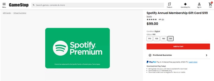 buy spotify 12-month premium on GameStop