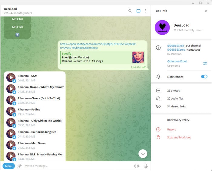 DeezLoad bot download spotify songs