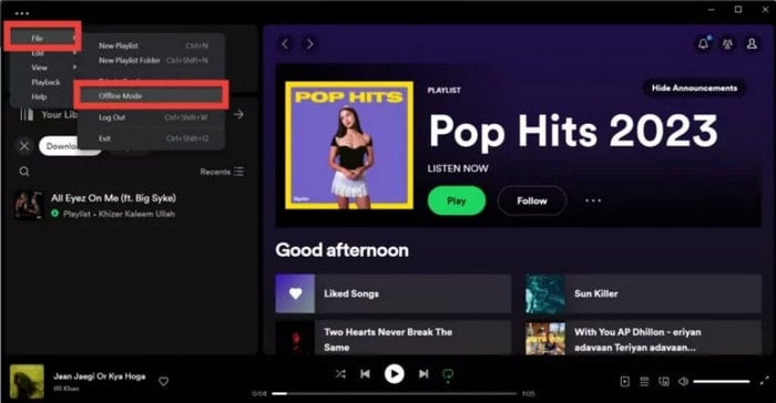 turn on spotify offline mode on pc