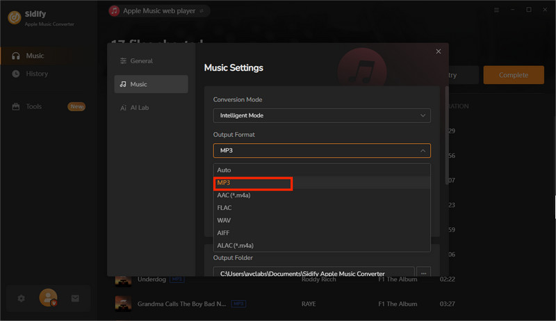 set mp3 as the output format