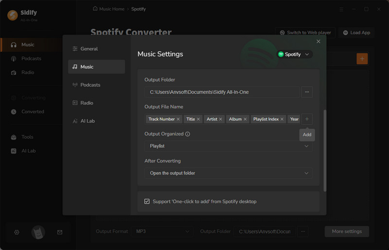 sidify all-in-one settings