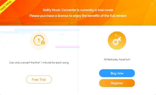 Trial limits of Sidify Music Converter
