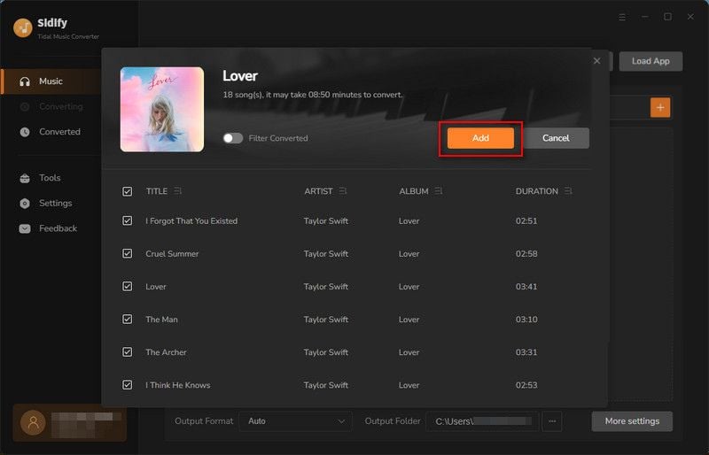 add tidal music to conversion panel