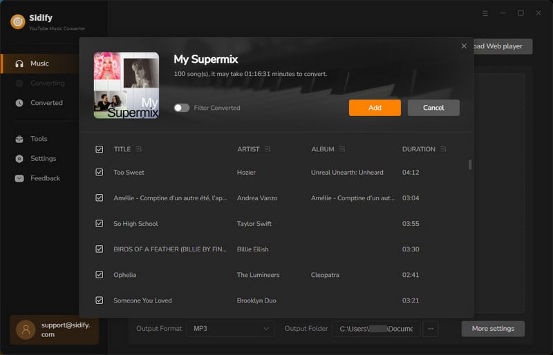 add youtube music to conversion panel