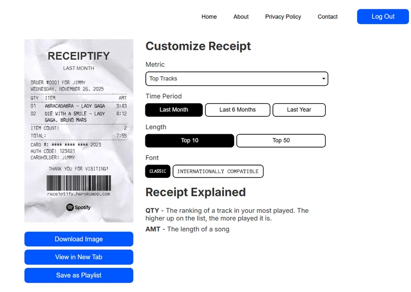 keep spotify top listeing stats with receiptify