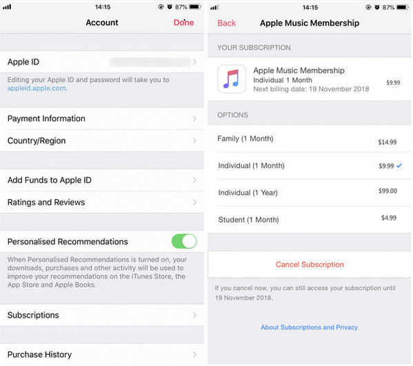 Cancel Apple Music subscription on iphone