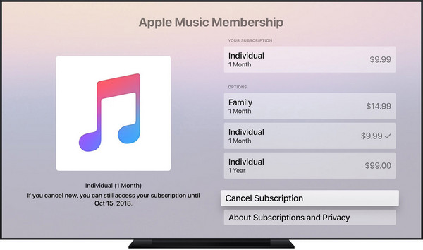 Cancel Apple Music subscription on Apple TV 4