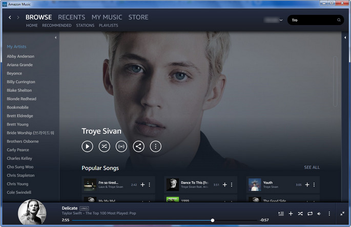 Interfaccia utente di Amazon Music