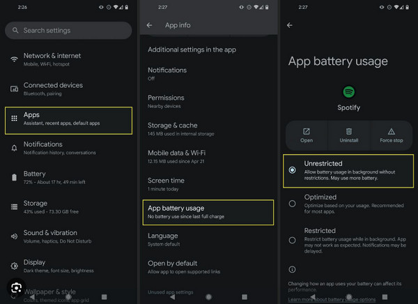 set spotify battery usage unrestricted