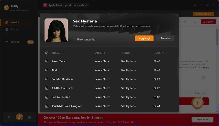 Aggiungi il brano di Apple Music