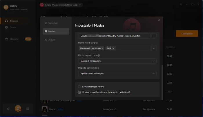 Personalizza le impostazioni di output