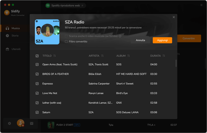 Aggiungi la finestra di Spotify Music